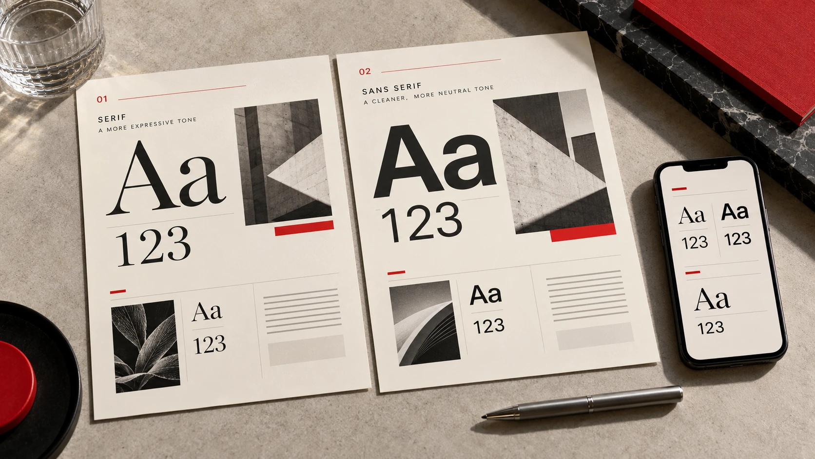 Zwei Drucksachen mit unterschiedlichem typografischem Charakter und klarer Hierarchie